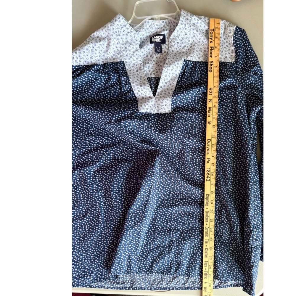 Lands End Womens Navy Blue Floral Cotton Popover Tunic Blouse Large Tall 14-16 - Picture 4 of 8